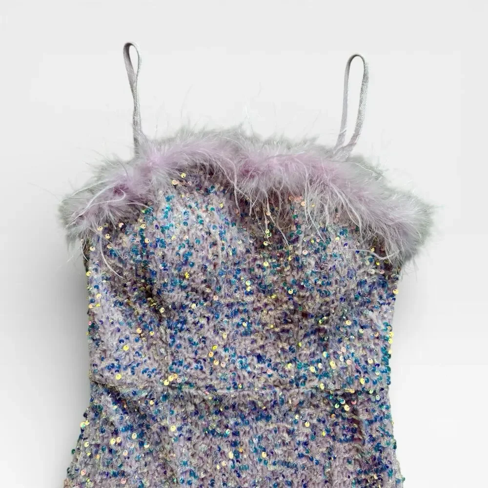 Crystal Doll Sequin Dress Size Medium Purple Feather Trim Y2K Party Formal Mini - Picture 3 of 6